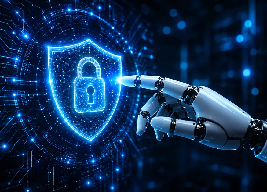An abstract neural network representing AI-enabled cyber defense