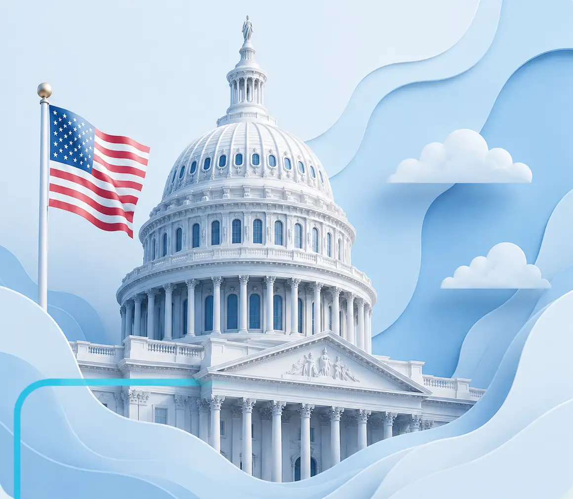 The U.S. Capitol at night with a secure digital network overlay