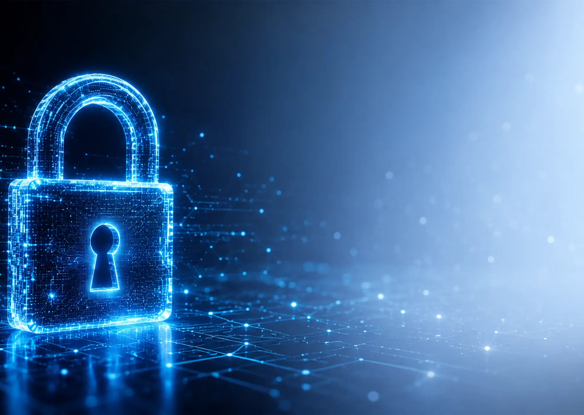 A glowing digital padlock over a network of connected data points