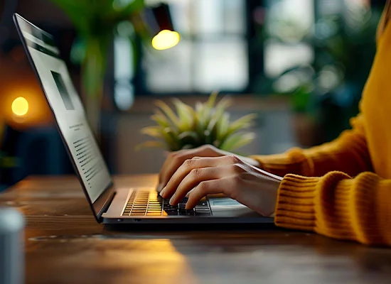 Hands typing on a laptop while reading a white paper